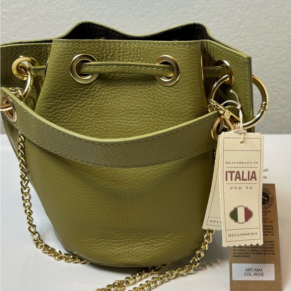 NEW Anna Paola Italian Leather Bucket Bag Made In Italy Olive Green - Picture 6 of 9